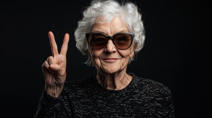 Confident Elderly Woman with White Hair and Sunglasses Showing Peace Sign