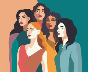 Vector flat design of strong women, feminism, women's day. Different women standing together in solidarity. Gender equality and women's empowerment. For social networks, posters, advertising.