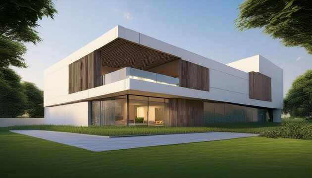modern building exterior architecture with large lawn garden 3d rendering