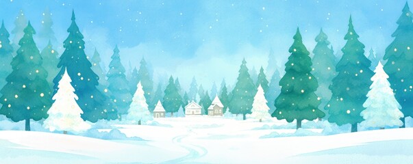 Dreamy winterland concept. Enchanted Christmas village surrounded by glowing pine trees, magical holiday atmosphere
