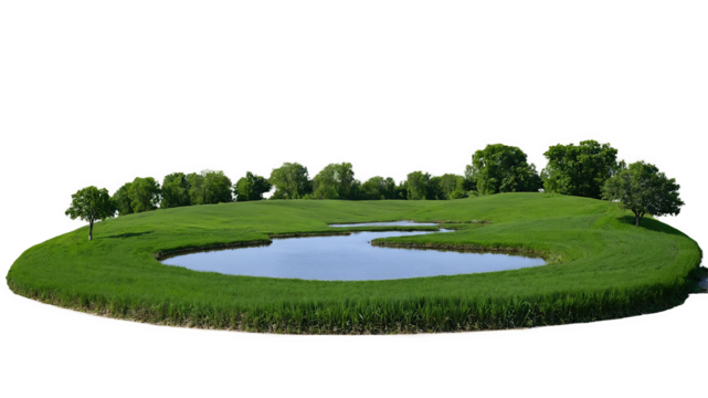 Grass Field with Pond and Trees
