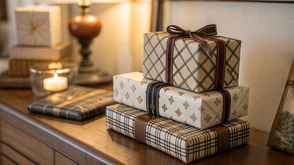 Decorative Gift Boxes Stacked on Wooden Dresser with Candlelight and Cozy Atmosphere