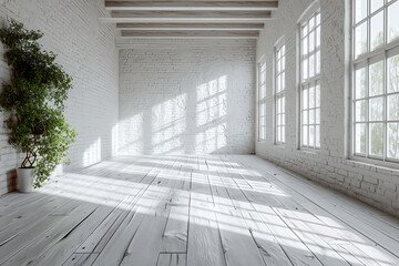 Obraz premium Modern contemporary loft empty room with white tones wall, windows and plants. Minimalist empty room with copy space area