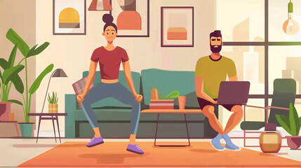 Fototapeta premium Home training: Sporty Indian couple exercising glutes in front of a laptop, enjoying online tutorials and working out together in their living room.