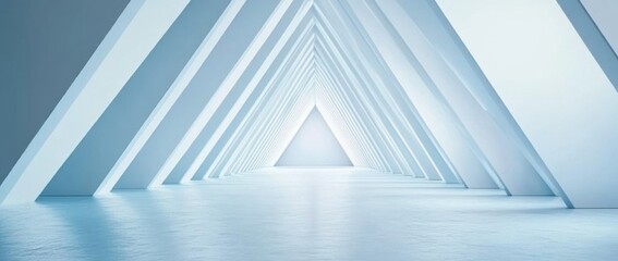 Obraz premium Empty, long, light corridor. Modern white background. Futuristic sci-fi triangle tunnel. 3D rendering.