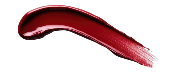 A red lip gloss swatch with a brush stroke on a white background, isolated cutout PNG