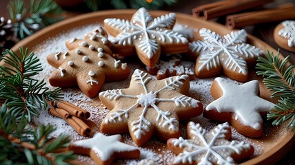 A plate of cookies with a tree and snowflake designs on them