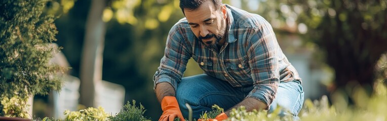 Landscape Gardener Carefully Laying Artificial Turf in Backyard