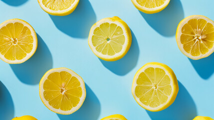 Trendy summer pattern with yellow lemon slice on a bright light blue background. Minimal summer concept.