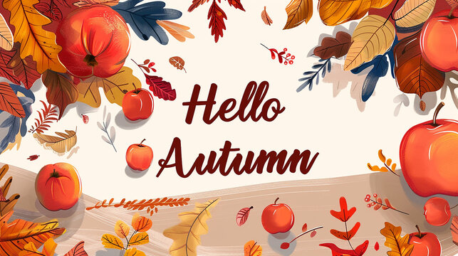 An enchanting scene featuring a "Hello Autumn" greeting adorned with colorful foliage, ripe apples, and a crisp breeze, evoking the beauty and nostalgia of the season.