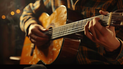 Fototapeta premium Guitar acoustic. Play the guitar. Instrument on stage and band. Music concept. Electric guitar, string, guitarist, musician rock. Musical instrument. Guitars and strings. 