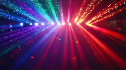 Obraz premium A dazzling disco light display with vibrant beams of color reflecting across a dark room, creating a lively party atmosphere. Captured in stunning full HD quality.