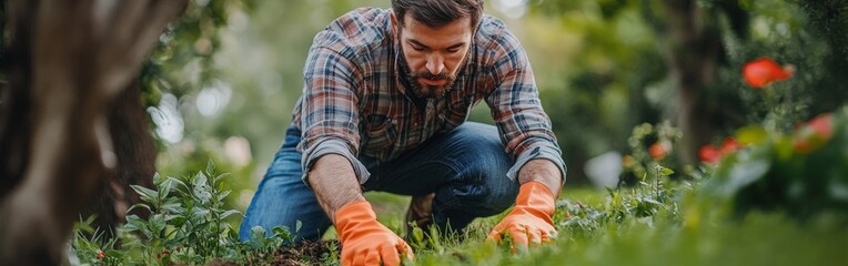 Obraz premium Landscape Gardener Carefully Laying Artificial Turf in Backyard