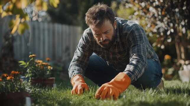 Landscape Gardener Carefully Laying Artificial Turf in Backyard