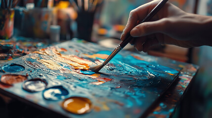 Naklejka premium Capturing creativity with a paintbrush as vivid colors blend on a textured canvas in a cozy art studio in the golden afternoon light