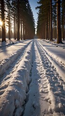 A snow covered road with a sun shining on it