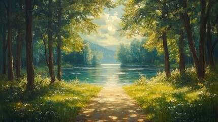 Obraz premium Pathway leading to serene lake surrounded by lush trees, peaceful nature landscape, sunlight through leaves, tranquil environment, scenic escape, idyllic outdoor view.