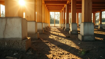 Obraz premium Sunlight streams through the wooden beams of a newly constructed foundation, casting long shadows on the dirt floor.