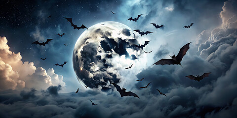 Naklejka premium Bats swirl through the dark clouds under a luminous full moon, creating an eerie atmosphere. Stars glimmer in the backdrop, enhancing the night’s mystique