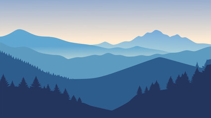 Vector illustration of beautiful dark blue mountain landscape with fog and forest. sunrise and sunset in mountains