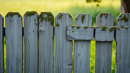 Fototapeta premium Weathered wooden fence panels with moss growing on top, revealing a glimpse of a lush green meadow in the background.