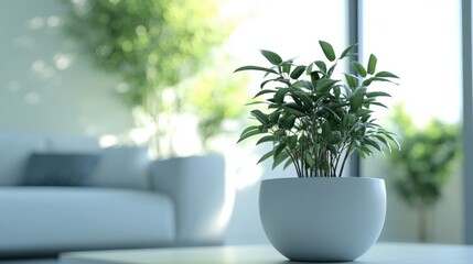 A beautiful houseplant in a white pot, placed in a modern living room with soft natural light, enhancing the serene atmosphere.