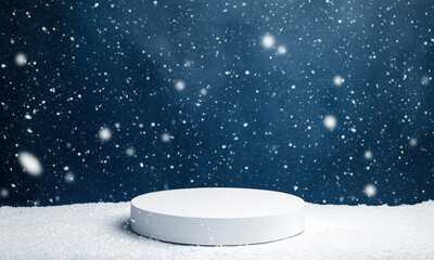 White round podium with heavy snow falling around. Dark blue background with snowflakes and glitter. Festive minimalistic winter background.
