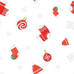 Christmas seamless pattern. Repeatable pattern of Christmas and New Year including Santa, reindeer, snow, gift ornaments or wallpaper, wrapping paper, card template or banner or textile print.