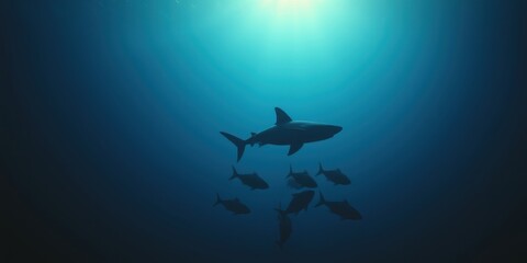 Naklejka premium A lone shark swims through the deep blue water, a ray of sunlight illuminating its silhouette as a school of fish follows in its wake.