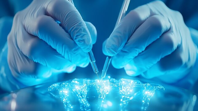 Close-up macro shot of surgeons' hands in blue gowns, using fine medical instruments during minimally invasive spine surgery, intense focus and precision