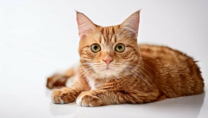 a tabby ginger color cat is laying on a white surface looking at the camera the cat appears to be relaxed and content high key pet portrait