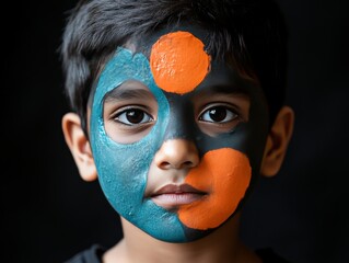 Close up of a child with green and orange geometric face paint symmetrical design and intense eye...