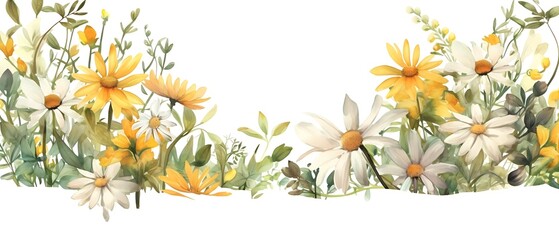A vibrant watercolor illustration of various flowers and greenery.