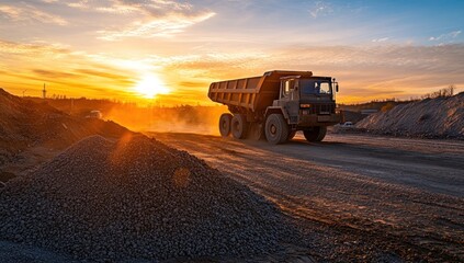 Fototapeta premium Dump Truck at Sunset on a Gravel Road