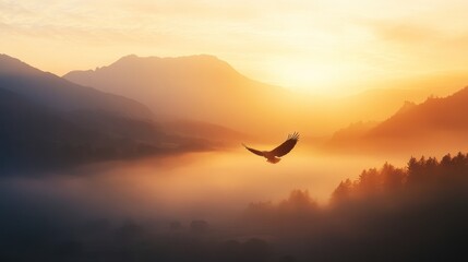 Eagle Soaring Through Misty Mountain Sunrise