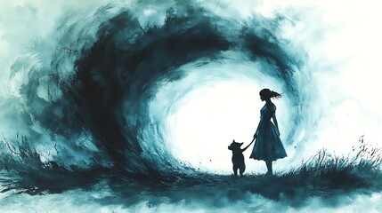 The Wizard of Oz. Silhouette of girl and dog by swirling wave