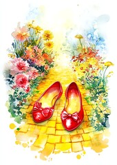 The Wizard of Oz. Red shoes on a flower-lined path