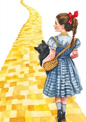 The Wizard of Oz. Young girl walking a yellow brick road