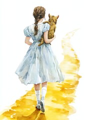 The Wizard of Oz. Girl in blue dress walking with dog