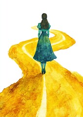 The Wizard of Oz. Woman walking on a yellow path