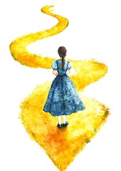 The Wizard of Oz. Girl in blue dress on a winding yellow path