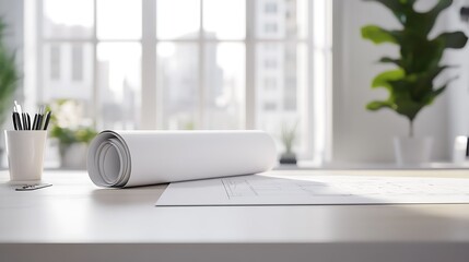 Architectural Plans Rolled Up On A Desk Near Window