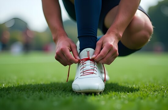 A football player tying the laces on his boots on the football pitch before a match.