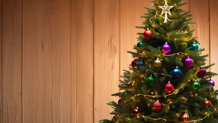Christmas Tree decorated with wooden wall behind for copy writing