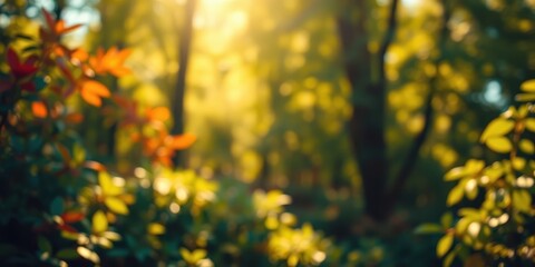 Obraz premium Golden Sunlight Filtering Through the Lush Canopies of a Forest, Creating a Dreamy Blur of Green and Yellow Hues