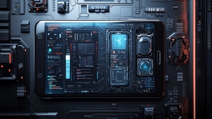Obraz premium Futuristic Digital Interface Displaying High-Tech Data on Tablet