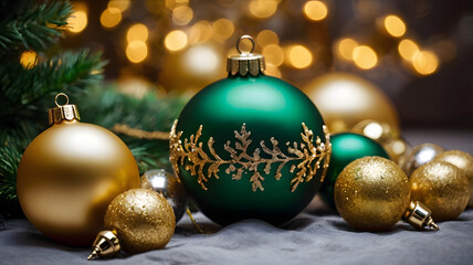Golden Christmas balls with blurred Background