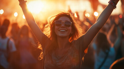 Fototapeta premium Exuberant woman embraces the festival atmosphere at sunset, surrounded by a lively crowd and summer party vibes