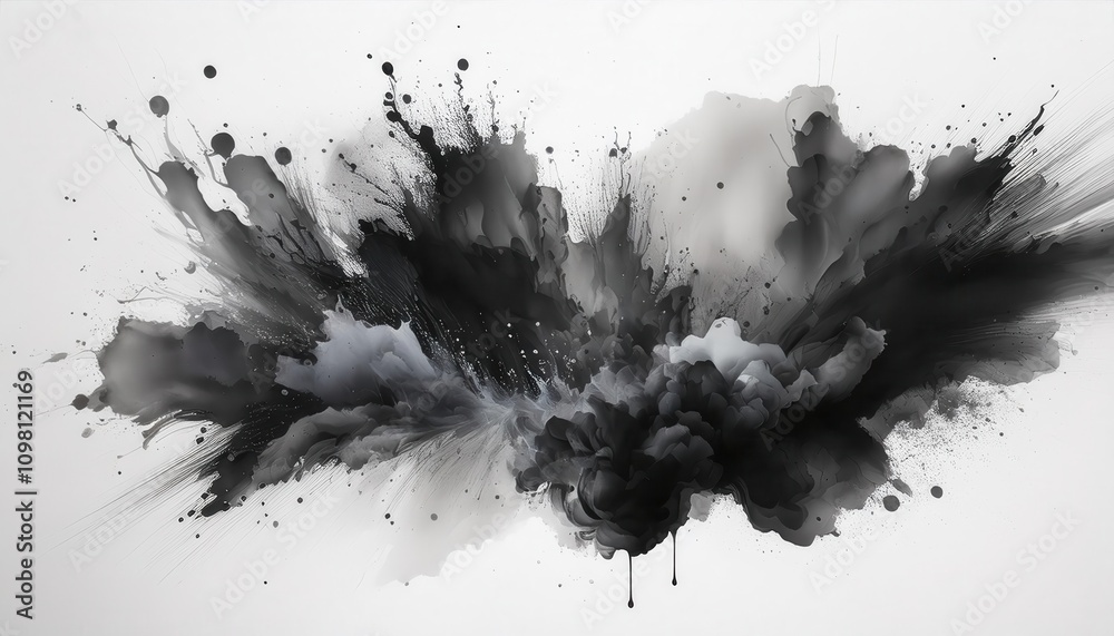 Poster Explosive Abstract Ink Burst in Grayscale. Dynamic Energy and Fluid Motion Captured in Monochromatic Splatter Art, Ideal for Modern Minimalist Designs or Creative Concept Inspiration