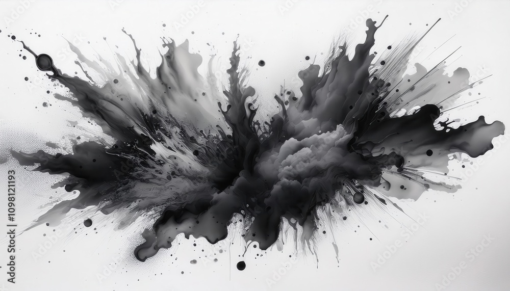 Poster Explosive Abstract Ink Burst in Grayscale. Dynamic Energy and Fluid Motion Captured in Monochromatic Splatter Art, Ideal for Modern Minimalist Designs or Creative Concept Inspiration